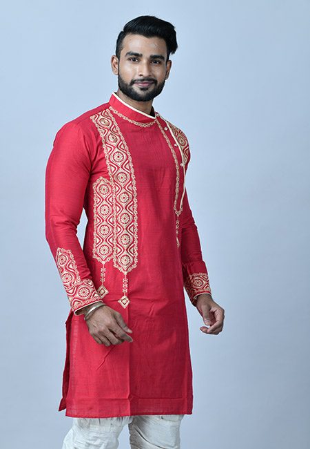 Cherry Red Color Handloom Embroidery Punjabi (She Punjabi 577)