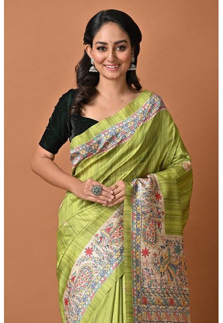 Parrot Green Color Madhubani Printed Tussar Silk Saree (She Saree 1998)