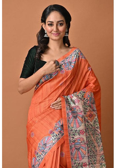 Orange Color Madhubani Printed Tussar Silk Saree (She Saree 1999)