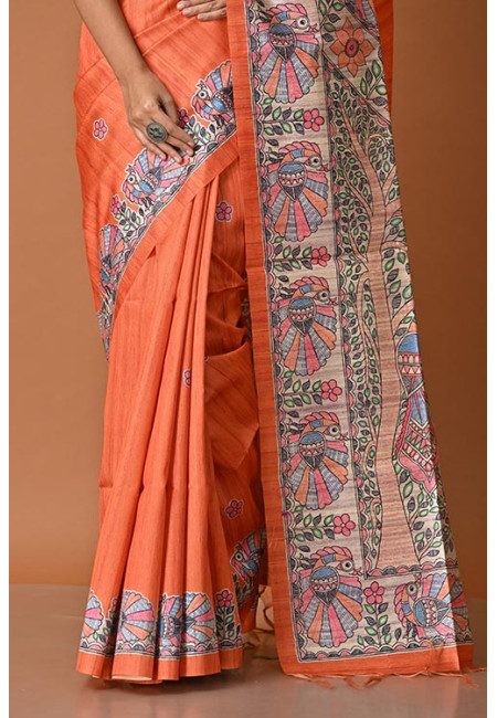 Orange Color Madhubani Printed Tussar Silk Saree (She Saree 1999)