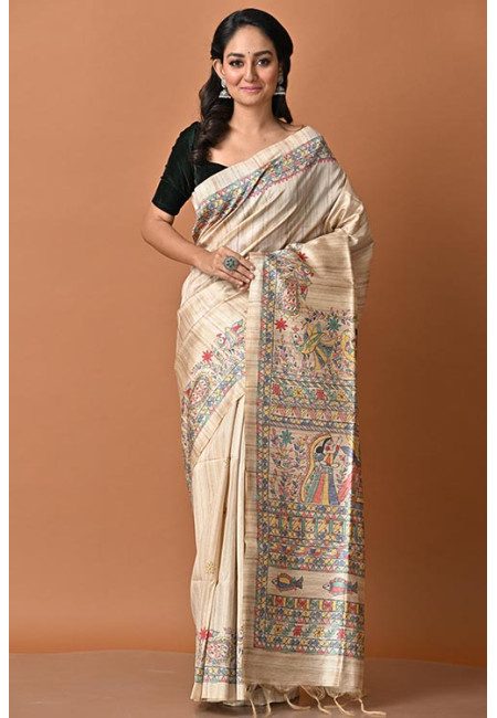 Beige Color Madhubani Printed Tussar Silk Saree (She Saree 2000)