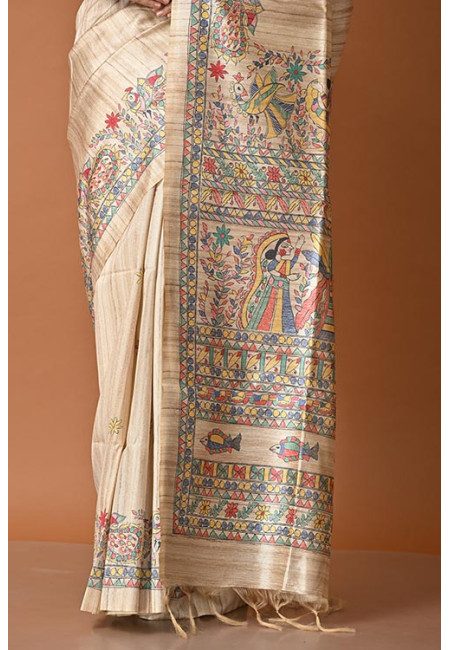 Beige Color Madhubani Printed Tussar Silk Saree (She Saree 2000)