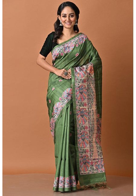 Deep Green Color Madhubani Printed Tussar Silk Saree (She Saree 2001)