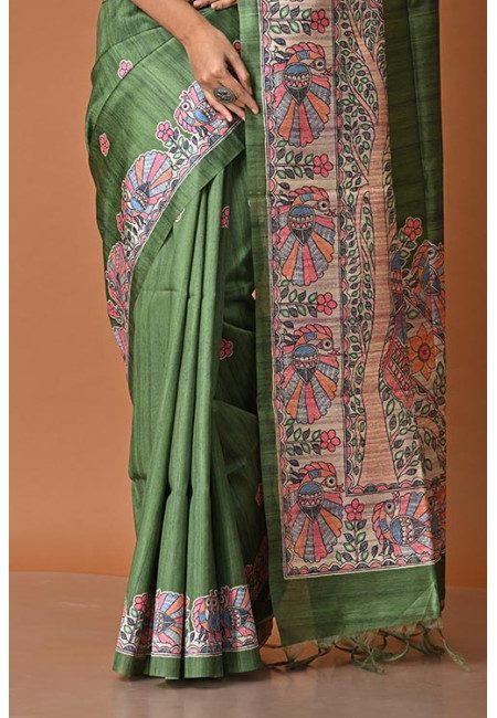 Deep Green Color Madhubani Printed Tussar Silk Saree (She Saree 2001)