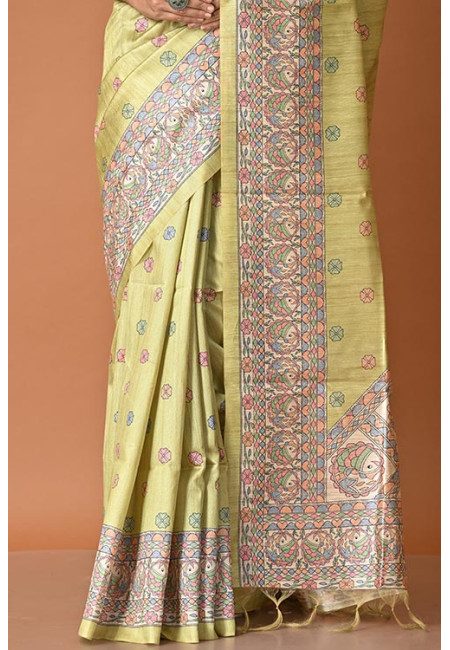 Olive Green Color Madhubani Printed Tussar Silk Saree (She Saree 2004)