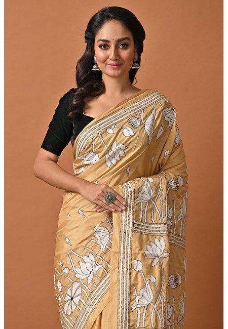 Beige Color Designer Padma Kantha Stitch Silk Saree (She Saree 2025)