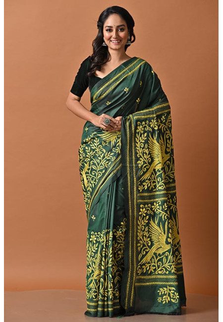 Deep Green Color Designer Pakhi Kantha Stitch Silk Saree (She Saree 2028)