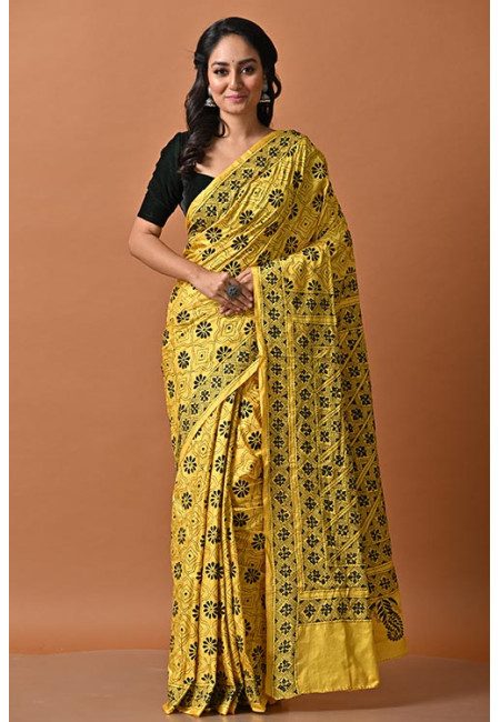 Yellow Color Designer Kantha Stitch Silk Saree (She Saree 2029)