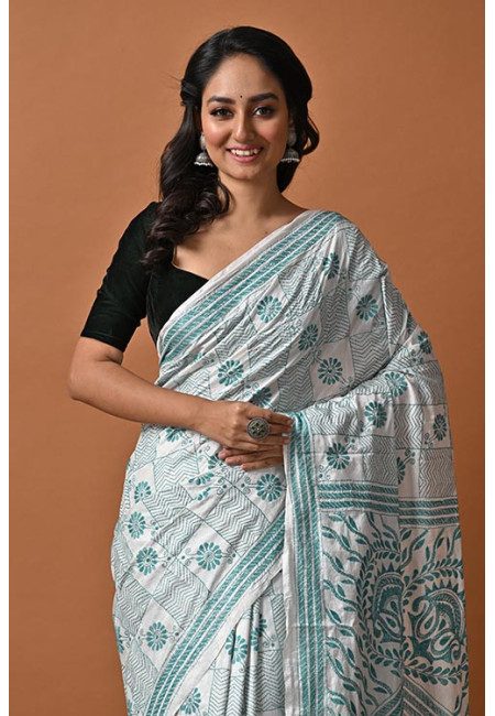 White Color Designer Kantha Stitch Silk Saree (She Saree 2030)