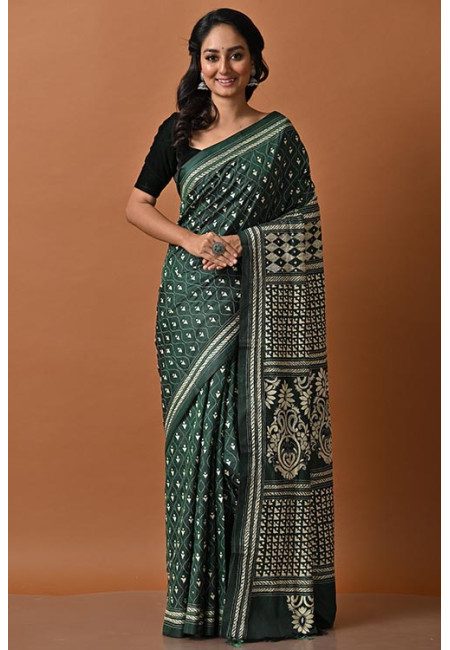 Deep Green Color Designer Kantha Stitch Silk Saree (She Saree 2031)