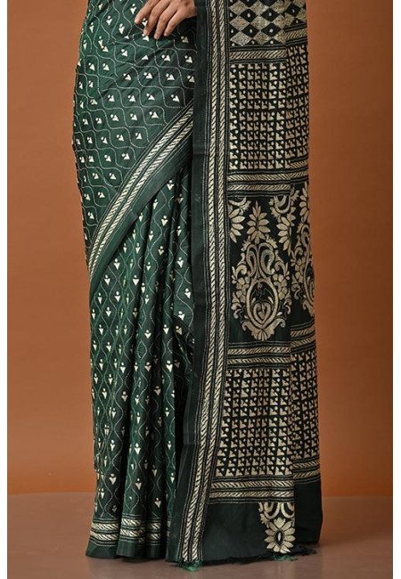 Deep Green Color Designer Kantha Stitch Silk Saree (She Saree 2031)