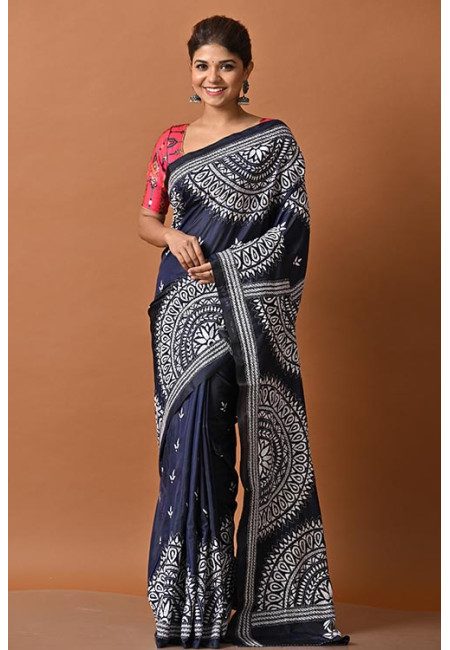 Navy Blue Color Designer Kantha Stitch Silk Saree (She Saree 2032)
