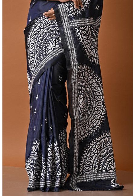 Navy Blue Color Designer Kantha Stitch Silk Saree (She Saree 2032)