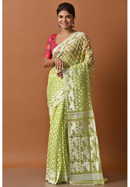 Olive Green Color Soft Dhakai Jamdani Saree (She Saree 2033)