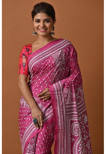 Hot Pink Color Designer Kantha Stitch Silk Saree (She Saree 2053)