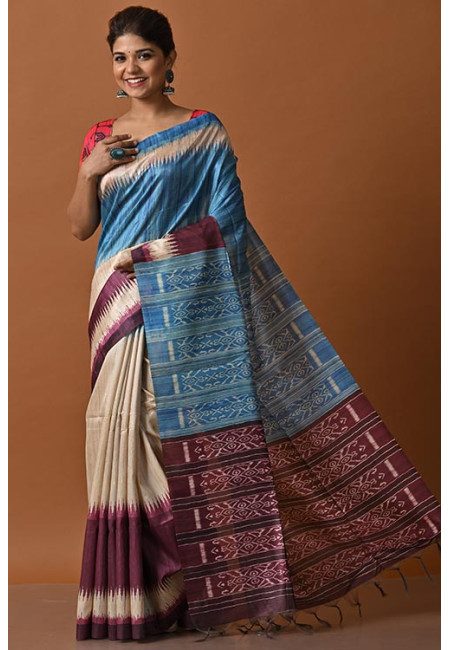 Beige Color Contrast Printed Tussar Silk Saree (She Saree 2054)