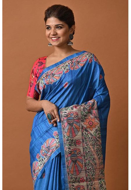Peacock Blue Color Madhubani Printed Tussar Silk Saree (She Saree 2058)