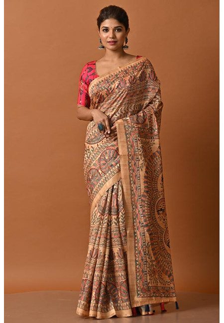 Light Mustard Color Madhubani Printed Tussar Silk Saree (She Saree 2060)