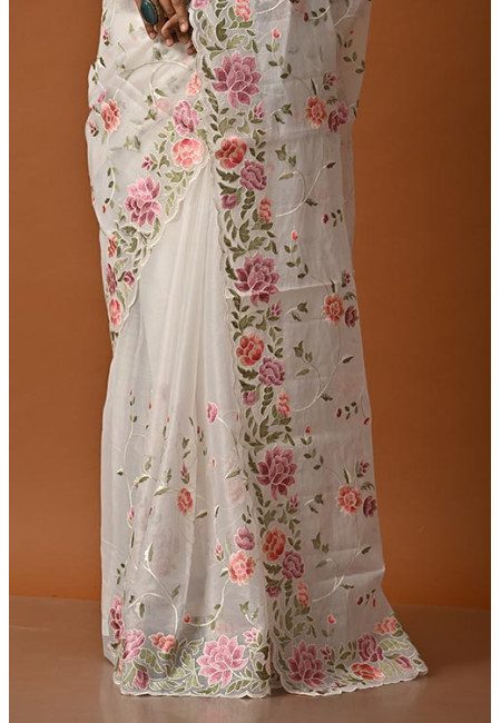 White Color Embroidery Organza Saree (She Saree 2061)