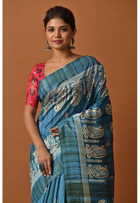 Turquoise Blue Color Printed Tussar Silk Saree (She Saree 2062)