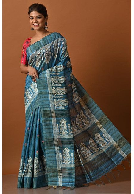 Turquoise Blue Color Printed Tussar Silk Saree (She Saree 2062)
