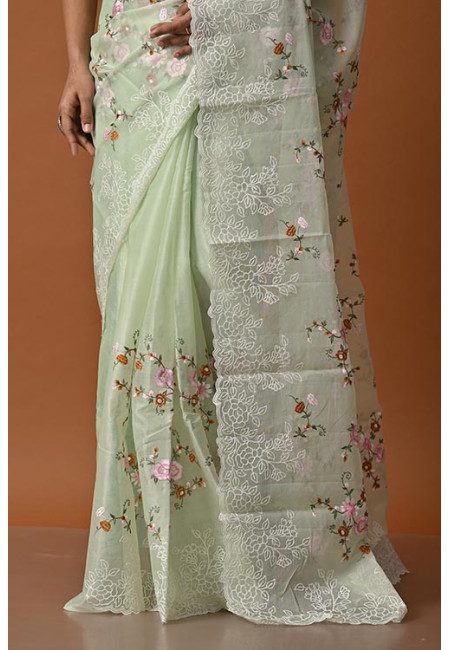 Pastel Green Color Designer Embroidery Organza Saree (She Saree 2065)