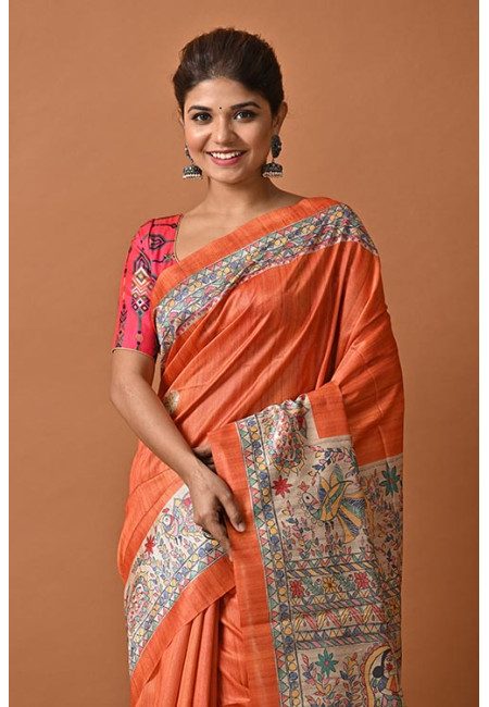 Orange Color Madhubani Printed Tussar Silk Saree (She Saree 2066)