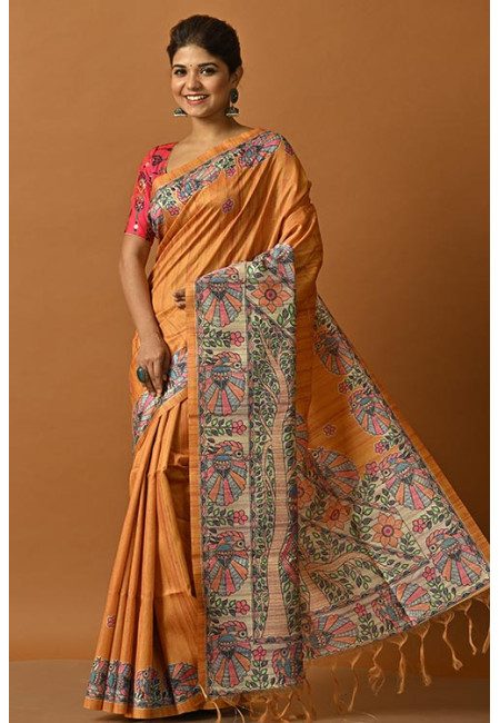 Mustard Color Madhubani Printed Tussar Silk Saree (She Saree 2068)