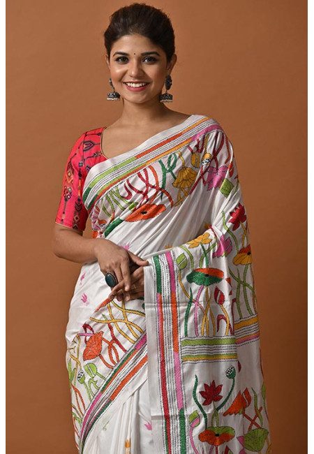 White Color Padma Kantha Stitch Silk Saree (She Saree 2072)