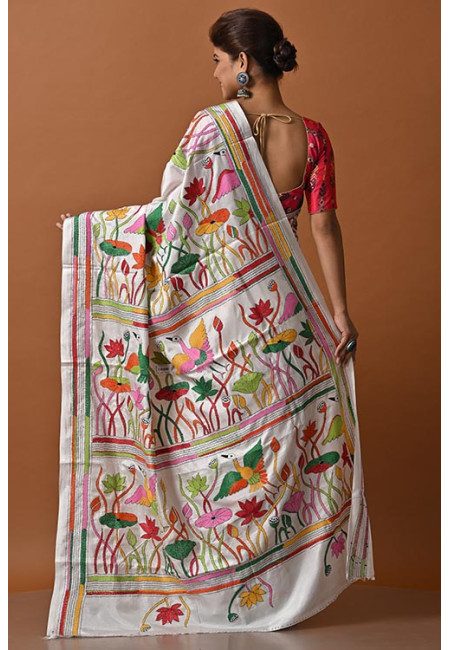 White Color Padma Kantha Stitch Silk Saree (She Saree 2072)