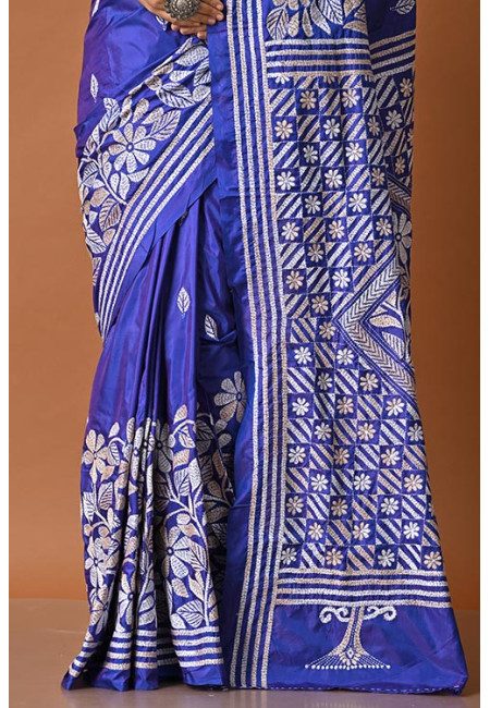 Royal Blue Color Designer Kantha Stitch Silk Saree (She Saree 2075)