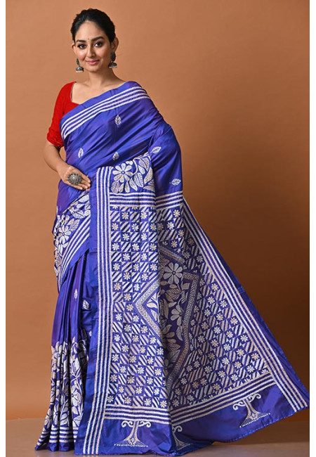 Royal Blue Color Designer Kantha Stitch Silk Saree (She Saree 2075)