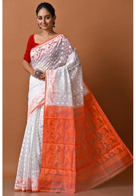 White Color Contrast Soft Dhakai Jamdani Saree (She Saree 2093)