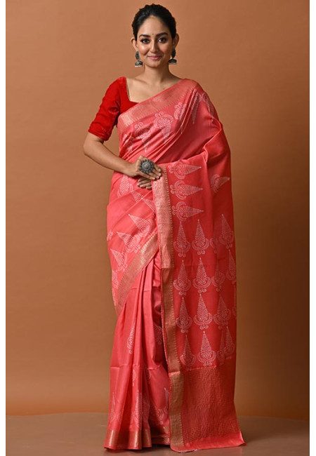 Strawberry Color Printed Bhagalpuri Silk Saree (She Saree 2094)