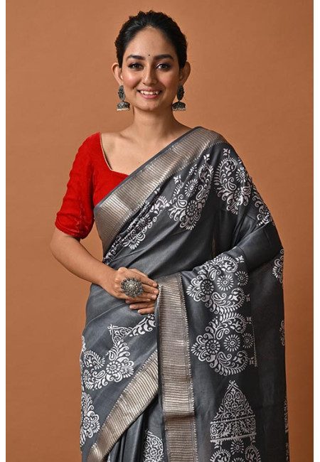 Deep Grey Color Printed Bhagalpuri Silk Saree (She Saree 2095)