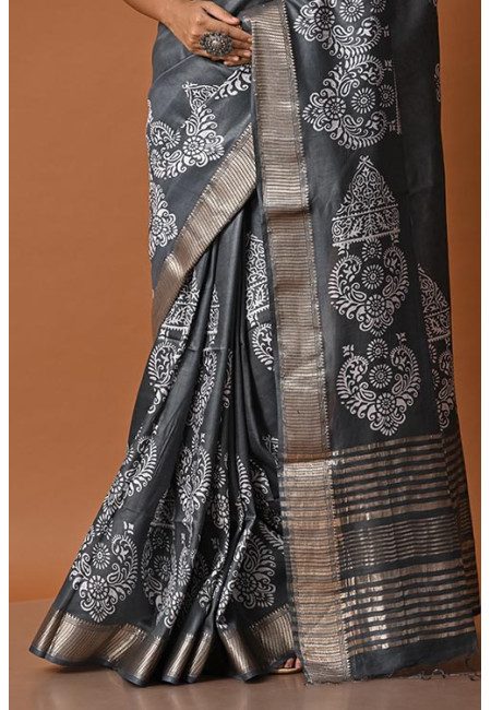Deep Grey Color Printed Bhagalpuri Silk Saree (She Saree 2095)