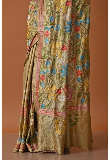 Beige Color Designer Phoolkari Kantha Stitch Silk Saree (She Saree 2105)