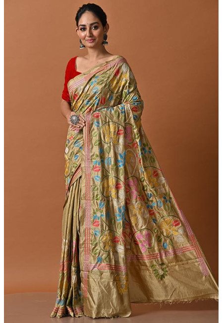 Beige Color Designer Phoolkari Kantha Stitch Silk Saree (She Saree 2105)