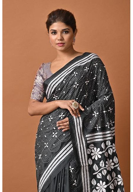 Deep Grey Color Designer Kantha Stitch Silk Saree (She Saree 2116)