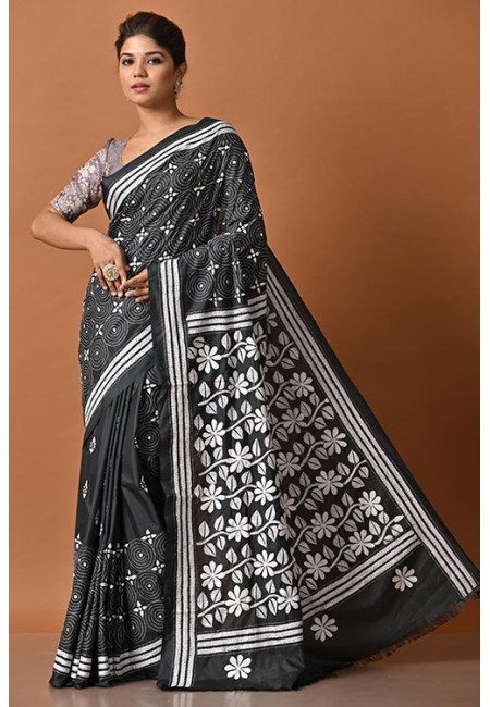 Deep Grey Color Designer Kantha Stitch Silk Saree (She Saree 2116)