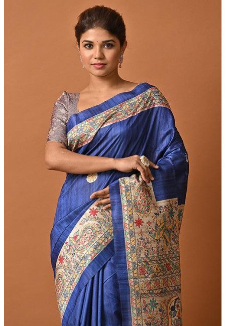 Deep Royal Blue Color Madhubani Printed Tussar Silk Saree (She Saree 2121)