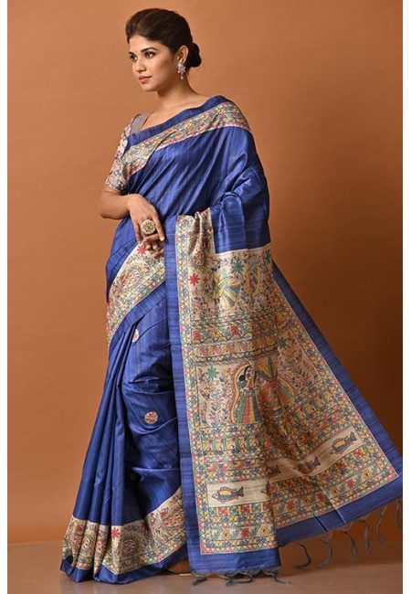 Deep Royal Blue Color Madhubani Printed Tussar Silk Saree (She Saree 2121)