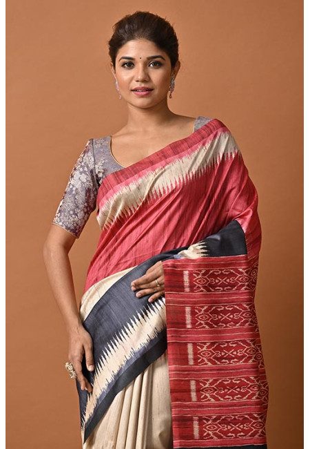 Beige Color Printed Tussar Silk Saree (She Saree 2127)
