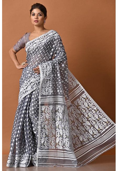 Grey Color Contrast Soft Dhakai Jamdani Saree (She Saree 2132)