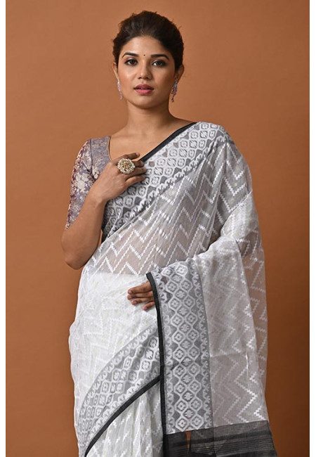 White Color Contrast Soft Dhakai Jamdani Saree (She Saree 2133)