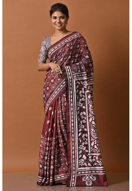 Wine Color Designer Kantha Stitch Silk Saree (She Saree 2145)