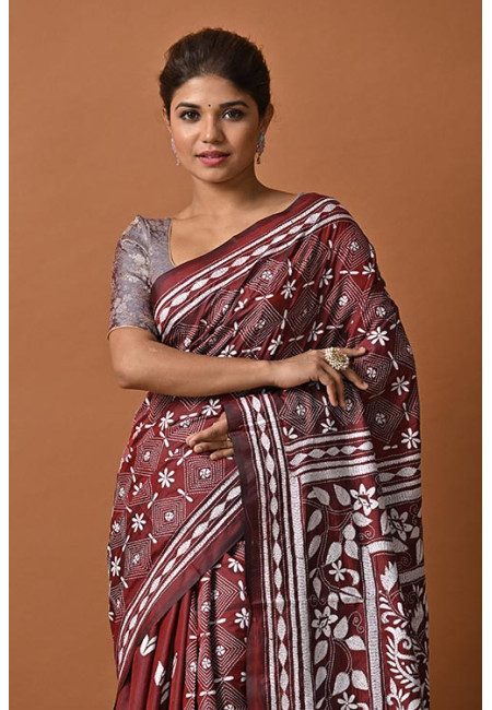 Wine Color Designer Kantha Stitch Silk Saree (She Saree 2145)