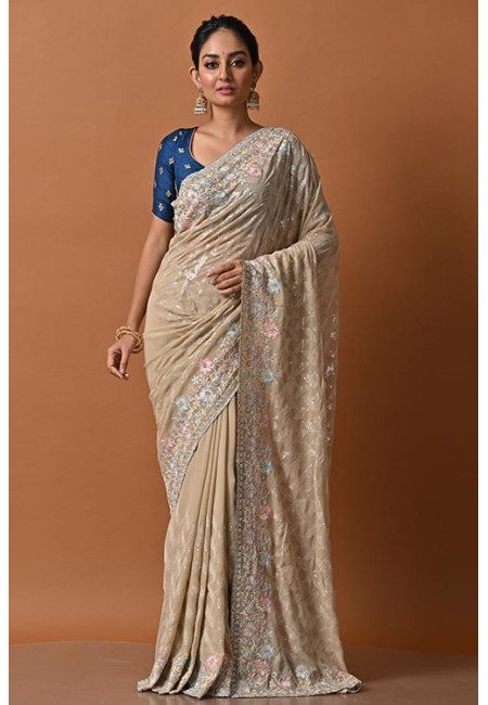 Beige Color Designer Embroidery Party Wear Georgette Saree (She Saree 2153)