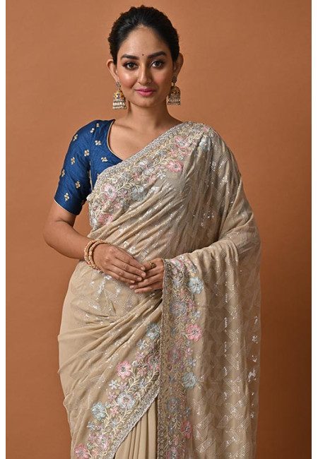 Beige Color Designer Embroidery Party Wear Georgette Saree (She Saree 2153)