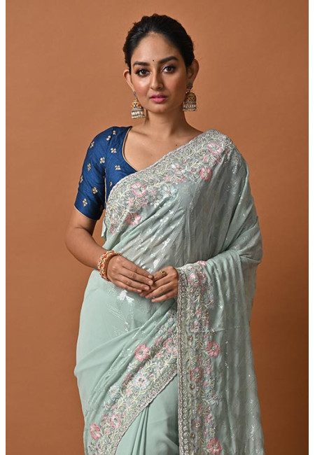 Pastel Sandy Color Designer Embroidery Party Wear Georgette Saree (She Saree 2154)